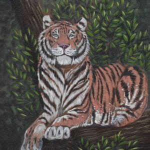 acrylic painting of a tiger sitting on a log with leaves in the background
