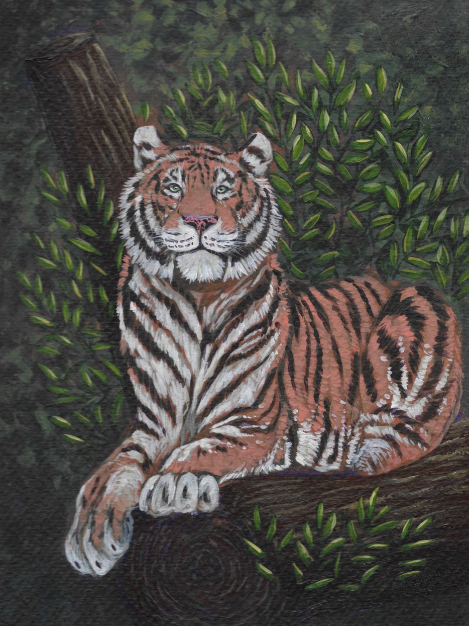 acrylic painting of a tiger sitting on a log with leaves in the background