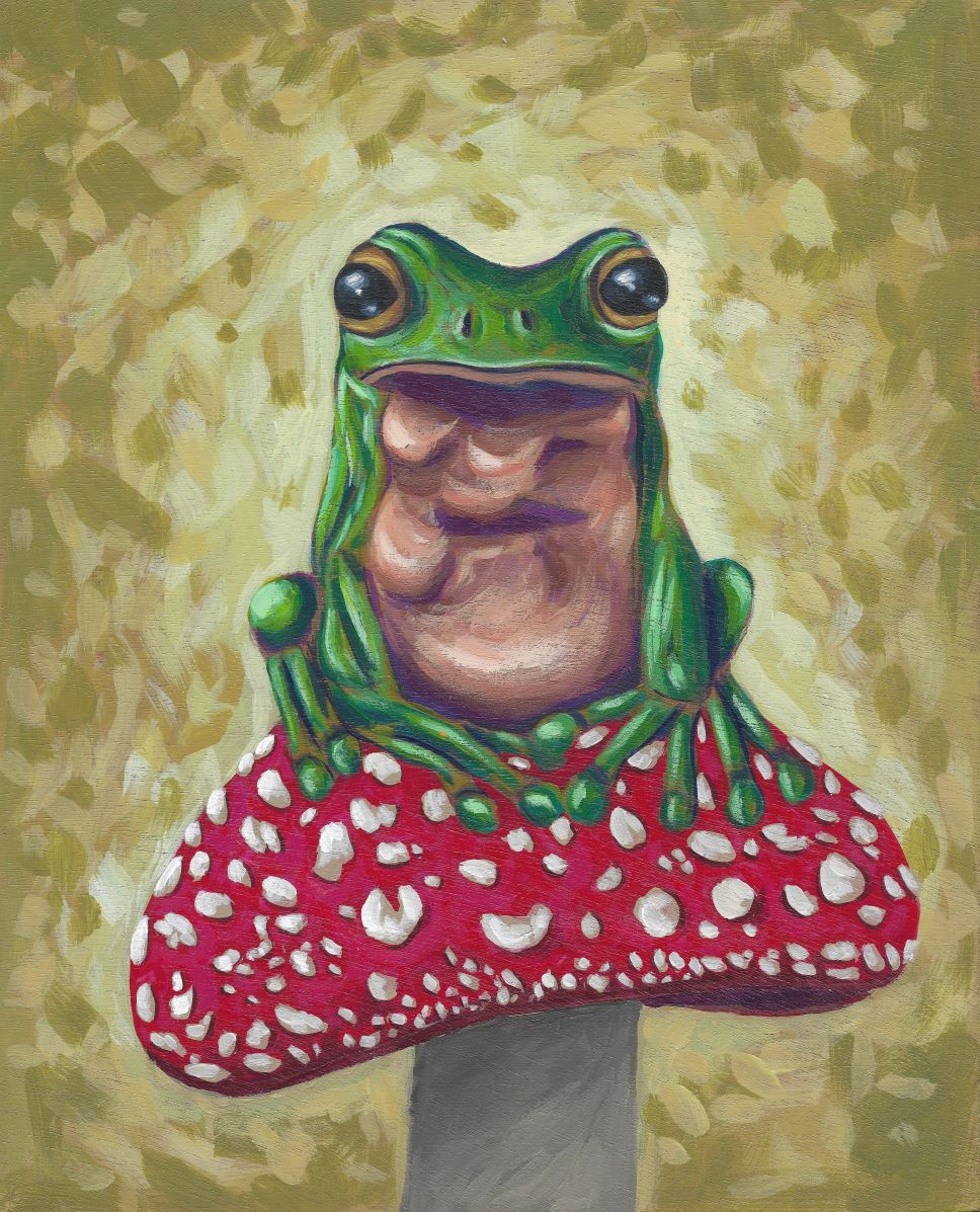 Frog sitting on a mushroom acrylic painting