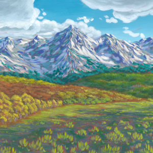 Acrylic painting of mountain and valley.