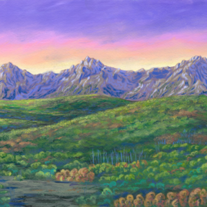 Acrylic painting of a sunset on a mountain range