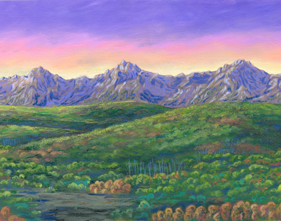 Acrylic painting of a sunset on a mountain range